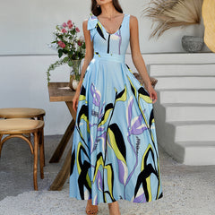 Gaovot Bomichia casual vacation printed color-blocked sleeveless high-waisted women dress
