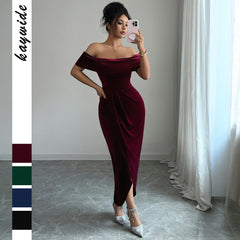 Gaovot Women Off Shoulder Velvet Wrap Detail Midi Dress for Evening