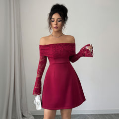 Gaovot Burgundy Off Shoulder Lace Sleeve Flared Mini Dress for Party