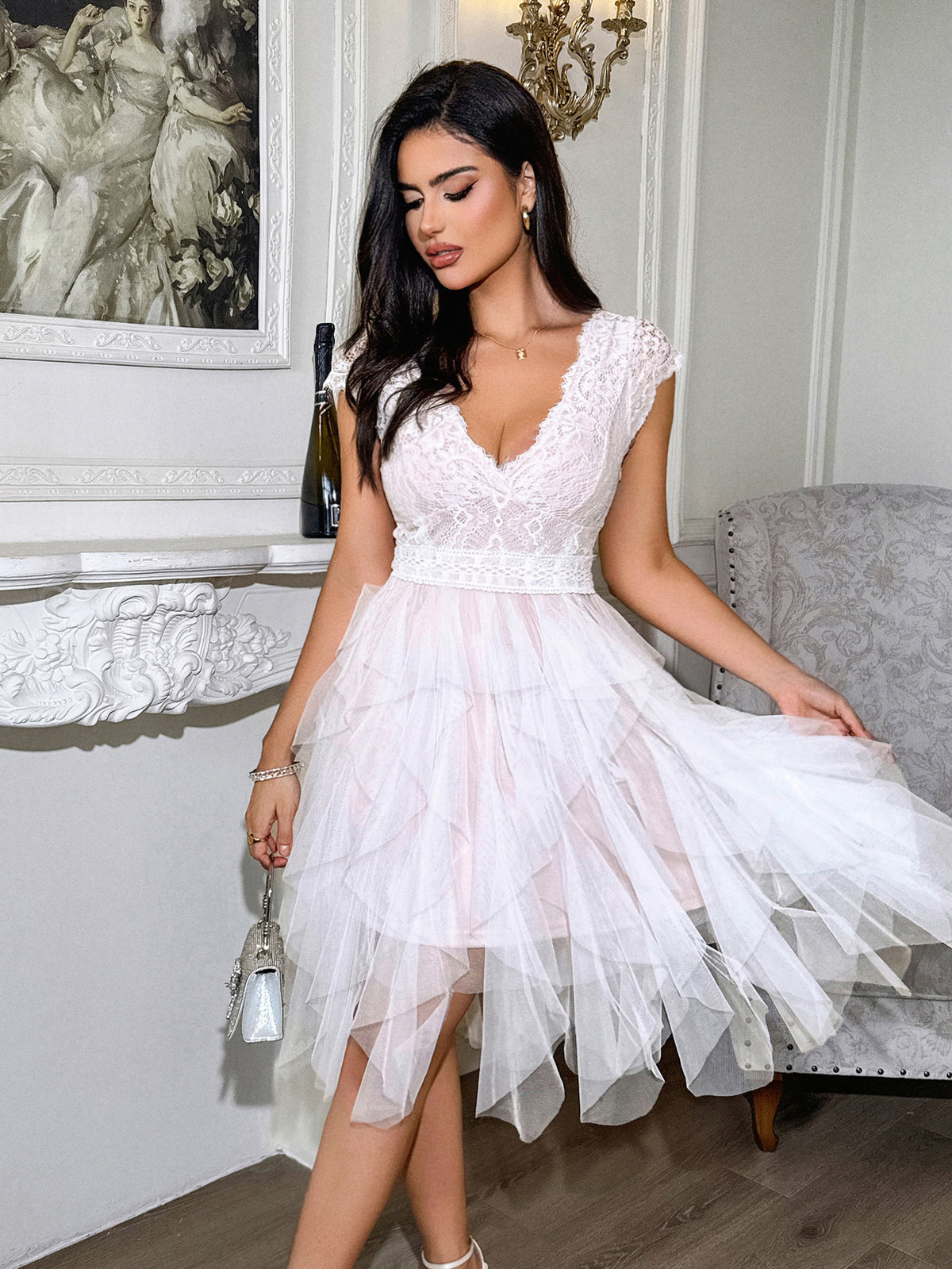 Gaovot Women Deep V Neck Lace Sleeve Tulle Overlay Mini Dress for Evening