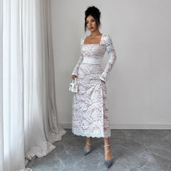 Gaovot Elegant White Lace Square Neck Flared Sleeve Maxi Dress
