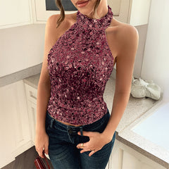 Gaovot Y2K style exquisite sleeveless collar-neck party sequin tops women