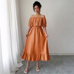 Gaovot Elegant Pink Off Shoulder Lace Sleeve Ruffle Midi Dress