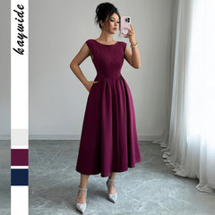 Gaovot Summer elegant solid color cinched waist ankle-length dress pocket design tank dress