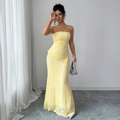 Gaovot Glamorous Yellow Strapless Ruched Top Lace Skirt Maxi Dress for Formal Events