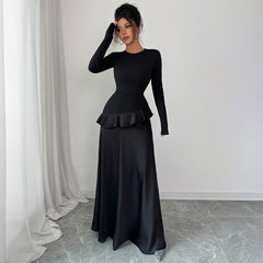 Gaovot Elegant Black Peplum Waist Satin Maxi Dress with Long Sleeves
