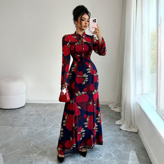 Gaovot Floral Print High Neck Long Sleeve Tie Detail Flared Women Maxi Dress