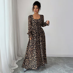 Gaovot Leopard Print Square Neck Long Sleeve Smocked Waist Tiered Maxi Dress