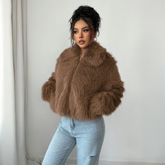 Gaovot Taupe Faux Fur Lapel Collar Open Front Cropped Coat for Daily Wear