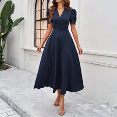 Gaovot High-quality high-waisted sophisticated solid-color fitted short-sleeved women dress