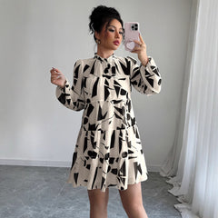 Gaovot Abstract Print High Neck Long Sleeve Tiered Mini Dress for Daily Wear