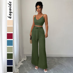 Gaovot Olive Green Two-Piece Set Strap Crop Top & Wide-Leg Pants