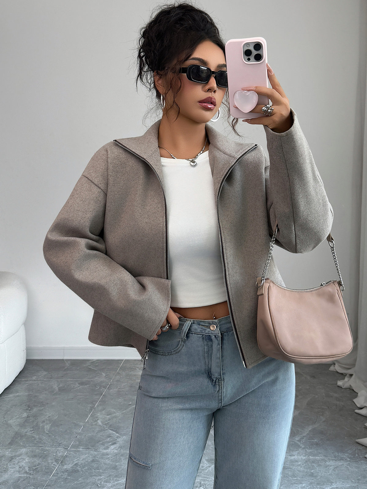 Gaovot Funnel Neck Zip Up Long Sleeve Cropped Women Jacket for Casual Outings