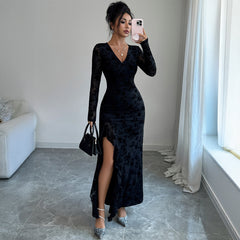 Gaovot Velvet Flocked Long Sleeve V Neck High Slit Bodycon Maxi Dress for Evening