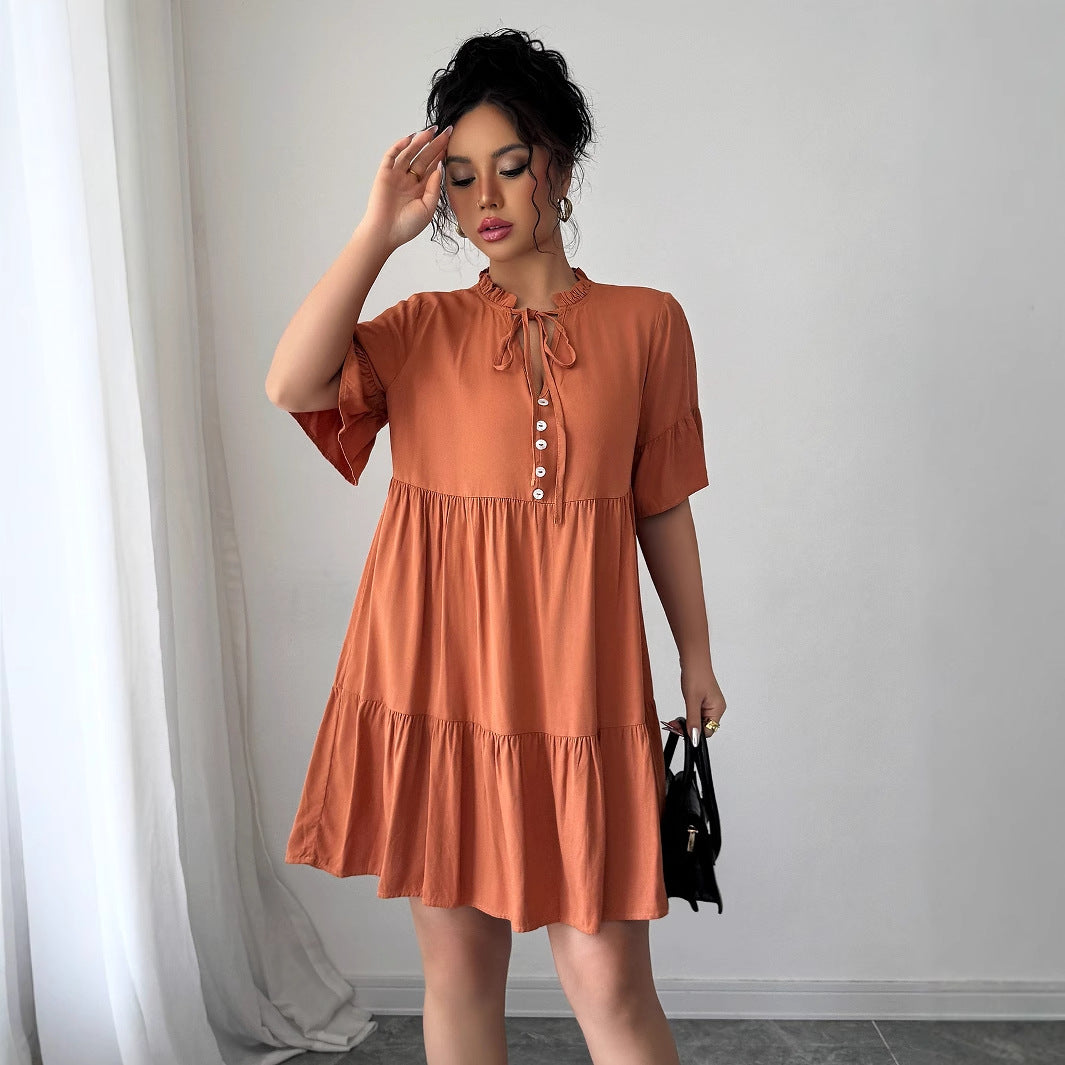 Gaovot Rust Tie Neck Short Sleeve Tiered Mini Dress for Casual Outings
