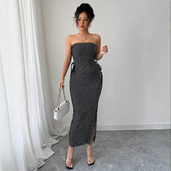 Gaovot Black & White Striped Strapless Crop Top & Maxi Skirt Matching Set for Party