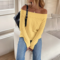 Gaovot Off Shoulder Foldover Neck Cable Knit Pullover Sweater  for Casual Outings