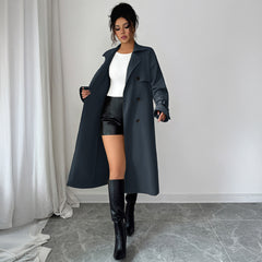 Gaovot Elegant Beige Lapel Collar Belted Double Breasted Long Sleeve Trench Coat