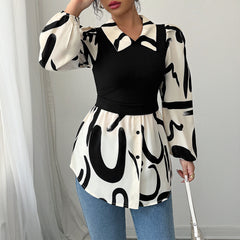 Gaovot Black & White Abstract Print Contrast Collar Puff Sleeve 2 In 1 Blouse for Daily Wear