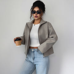 Gaovot Funnel Neck Zip Up Long Sleeve Cropped Women Jacket for Casual Outings
