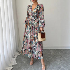 Gaovot Floral Print V Neck Tie Waist Chiffon Midi Dress for Vacation