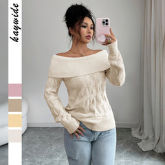 Gaovot Cozy Beige Off Shoulder Cable Knit Long Sleeve Sweater For Women