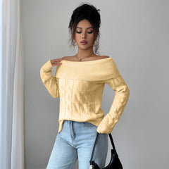 Gaovot Cozy Beige Off Shoulder Cable Knit Long Sleeve Sweater For Women