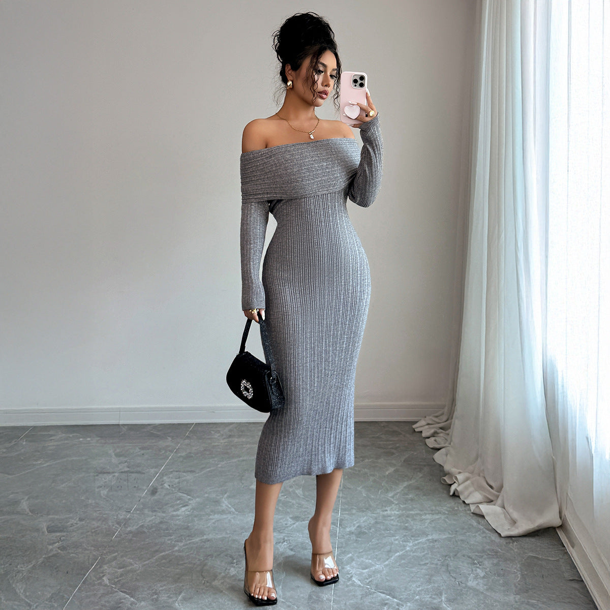 Gaovot Off Shoulder Long Sleeve Ribbed Knit Bodycon Midi Dress for Daily Wear