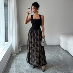 Gaovot Elegant Black Square Neck Contrast Mesh Floral Print Maxi Women Dresses