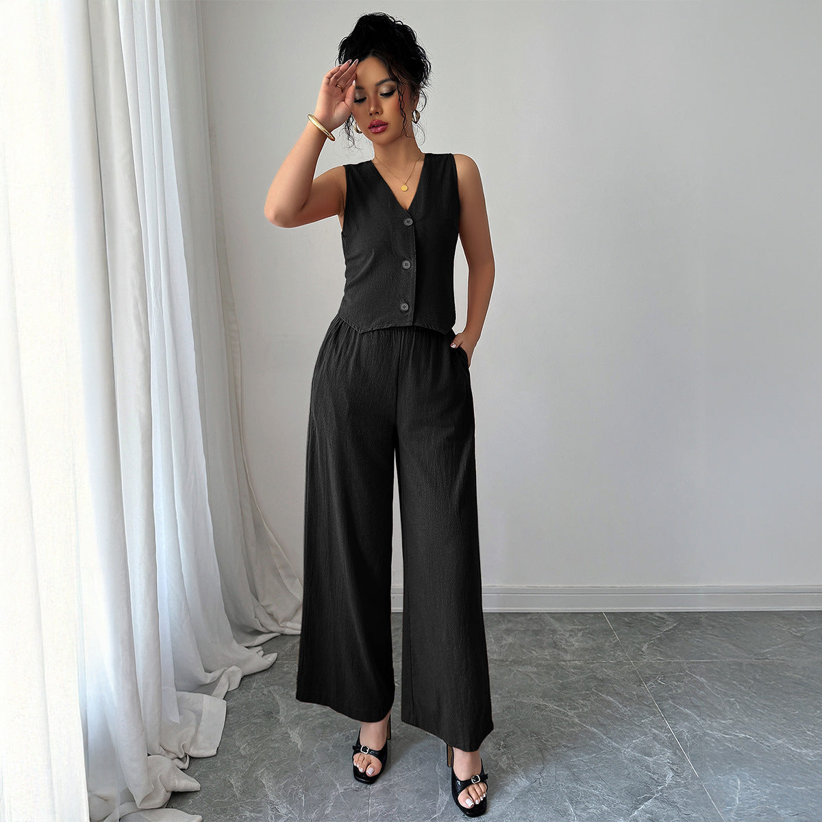Gaovot Sleeveless Vest & Wide Leg Pants Matching Set for Daily Wear