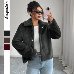 Gaovot Faux Fur Lapel Collar Button Front Long Sleeve Cropped Jacket for Daily Wear