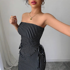 Gaovot Black & White Striped Strapless Crop Top & Maxi Skirt Matching Set for Party