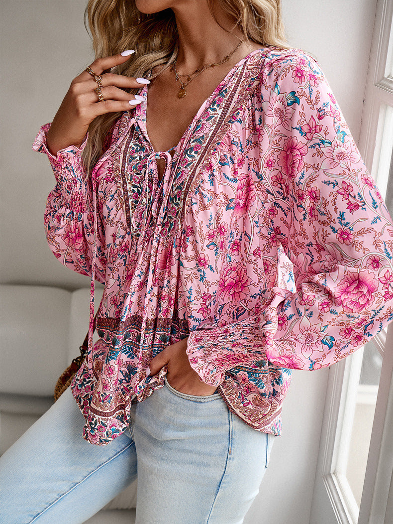 Gaovot Summer Bohemian Print Shirt for Women with Loose Long Sleeves and V-Neck - Spring Women's Dress