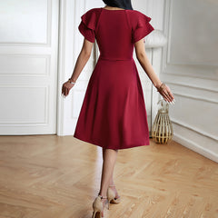 Gaovot Elegant V-neck mid-length A-line women dress short-sleeved fitted at the waist elegant lady's dresses