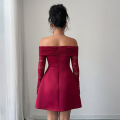 Gaovot Burgundy Off Shoulder Lace Sleeve Flared Mini Dress for Party