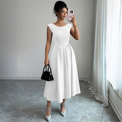 Gaovot Summer elegant solid color cinched waist ankle-length dress pocket design tank dress