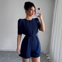 Gaovot Navy Puff Sleeve Round Neck Tie Waist Romper