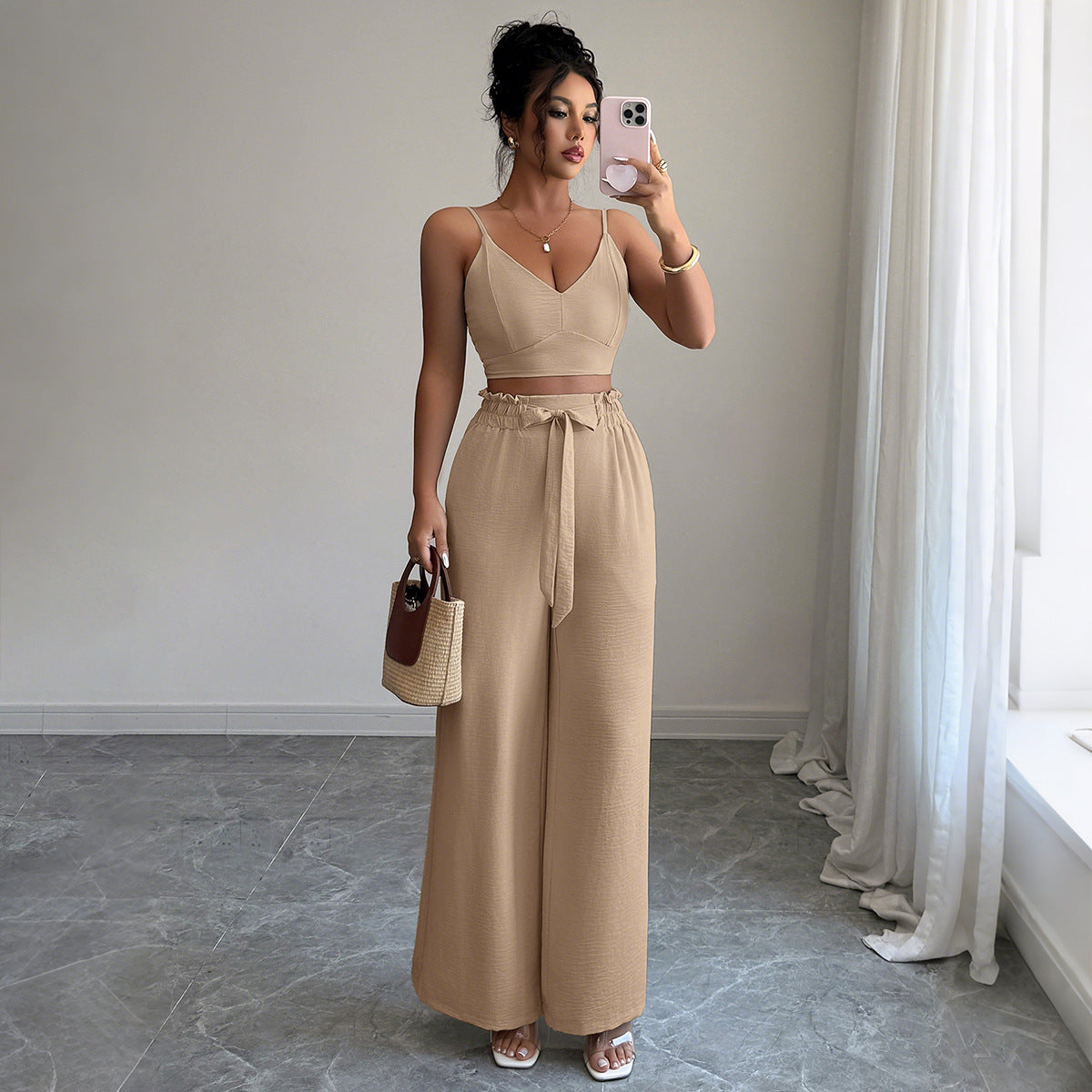 Gaovot Olive Green Two-Piece Set Strap Crop Top & Wide-Leg Pants