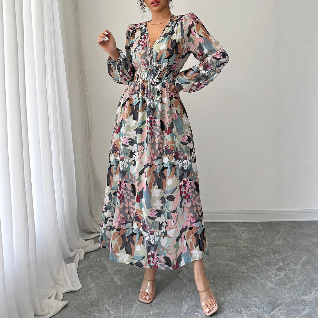 Gaovot Floral Print V Neck Tie Waist Chiffon Midi Dress for Vacation