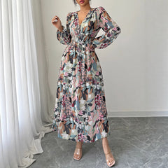 Gaovot Floral Print V Neck Tie Waist Chiffon Midi Dress for Vacation