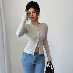 Gaovot Ribbed Knit Asymmetrical Hem Button Front Cardigan for Daily Wear