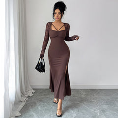 Gaovot Chocolate Lace Long Sleeve Split Thigh Bodycon Maxi Dress for Party