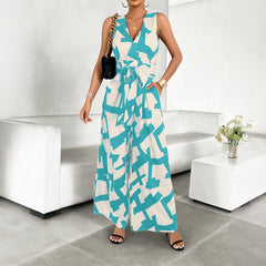 Gaovot Holiday print tie-knotted wide-leg long pants for ladies, one-piece set