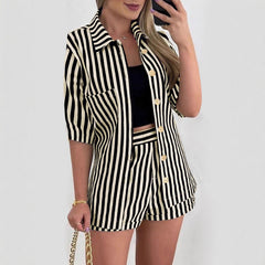 Gaovot Casual vacation button-down shirt with striped shorts set women suits