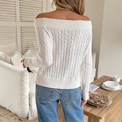 Gaovot Off Shoulder Foldover Neck Cable Knit Pullover Sweater  for Casual Outings