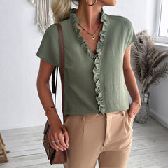 Gaovot Casual and simple wooden ear round-neck short-sleeved women's shirt for women