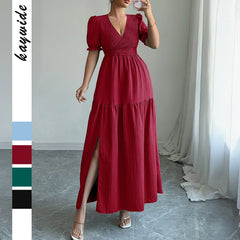 Gaovot V Neck Puff Sleeve Smocked Waist Tiered Maxi Dress with Side Slit