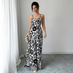 Gaovot Summer Boho Elegant Floral Print Spaghetti Strap Tie Front Side Slit Maxi Women Jumpsuits