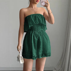 Gaovot Strapless Ruffle Trim Smocked Waist Embroidered Romper for Beach