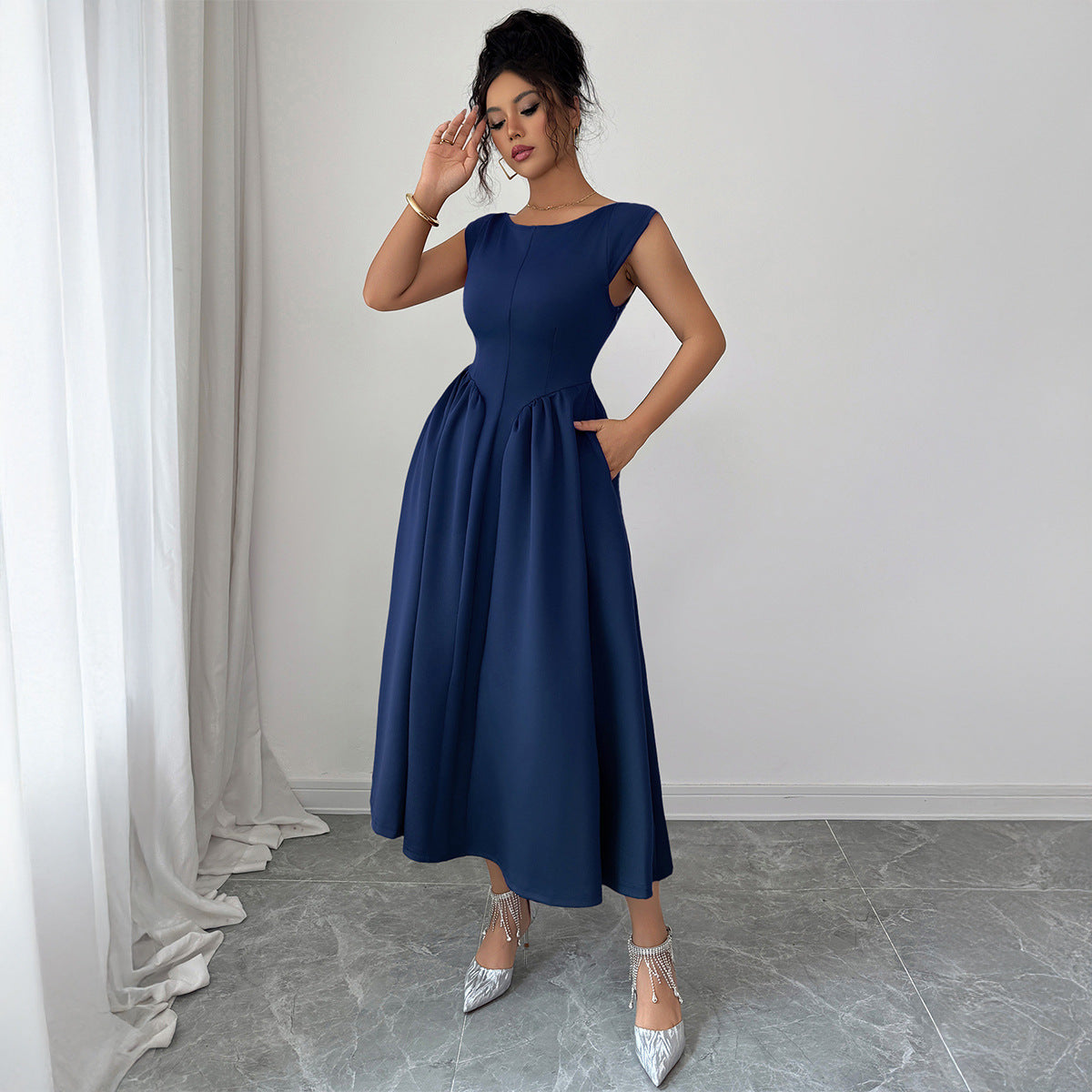 Gaovot Summer elegant solid color cinched waist ankle-length dress pocket design tank dress